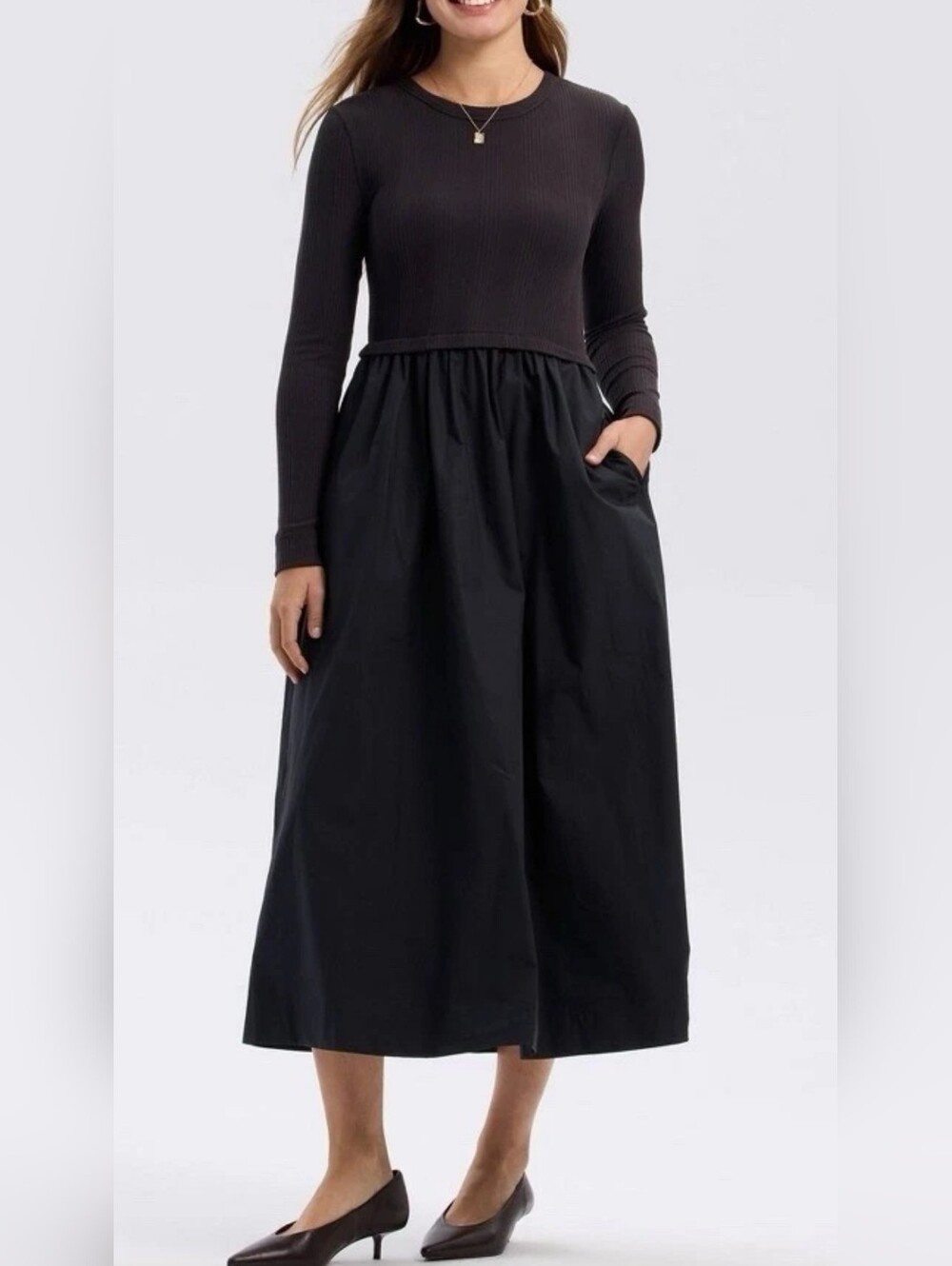 NWT Women's Black A-Line Midi Full Skirt with Pockets Long Sl. Knit Top Half 2x